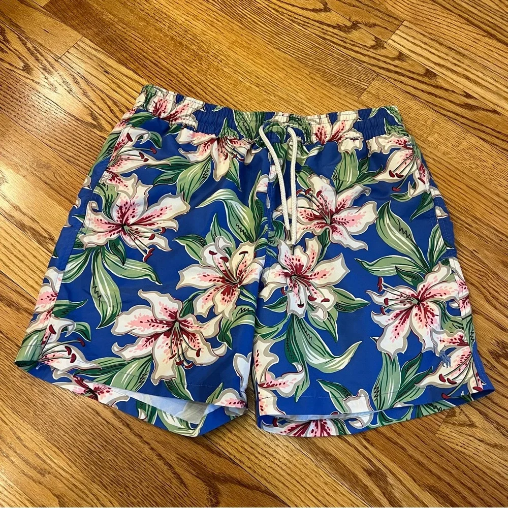 NWOT Polo Ralph Lauren Swim Trunks Hawaiian Hibiscus Blue Pink Floral Men’s M